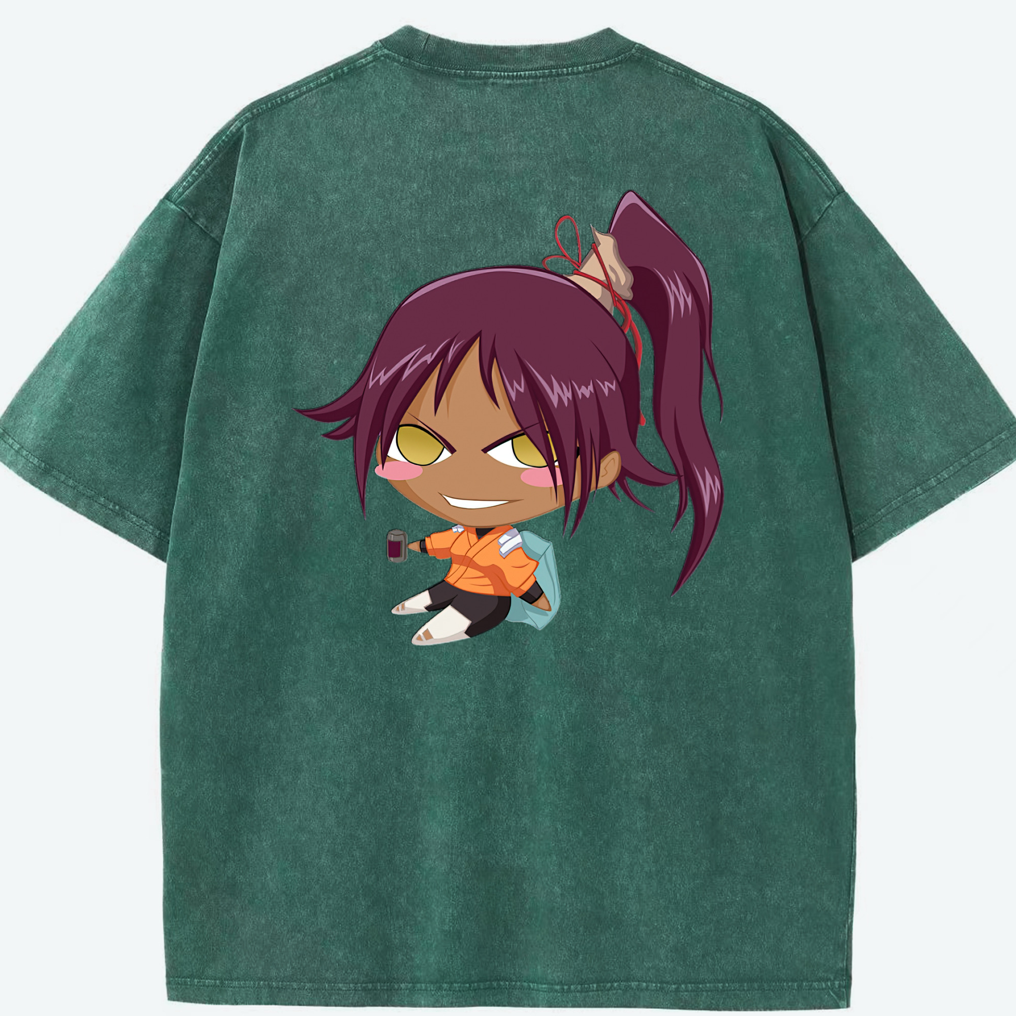 （画像用） ブリーチ 四楓院 夜一（しほういん よるいち） BLEACH Shihouin Yoruichi 綿100% ヴィンテージ風 半袖Tシャツ（背面プリント）